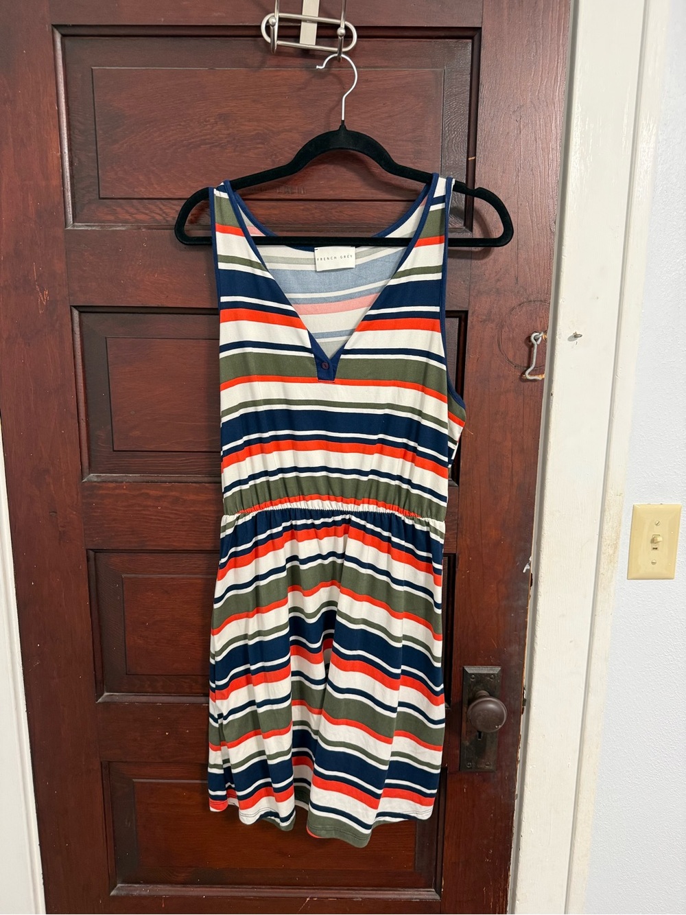 French Grey Striped Mini Dress in Navy,‎ Olive & Coral Summer Sundress